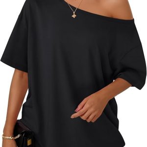 Trendy Queen Womens Off the Shoulder Tops Oversized T-Shirts Short Sleeve Tees Summer 2026 Casual Spring Clothes