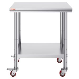 Mophorn Stainless Steel Work Table with Wheels 30 L* 24 W * 33 H Inch Prep Table with 4 Casters Heavy Duty Work Table for Commercial Kitchen Restaurant Business, Silver and Black