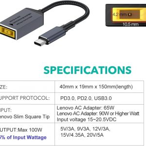 USB C to Slim Tip Adapter, 100W PD3.0 Fast Charging for Convert Square Charger to Type-C Power for Lenovo Thinkpad MacBook Chromebook, Nintendo Switch, and Any USB C Devices, Input 15-20VDC