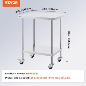 VEVOR Stainless Steel Work Table 24 x 30 x 38 Inch, with 4 Wheels, 3 Adjustable Height Levels, Heavy Duty Food Prep Worktable for Commercial Kitchen Restaurant, Silver