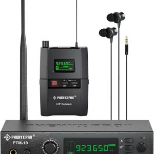 Phenyx Pro UHF Stereo Wireless in Ear Monitor System, Wireless IEM, 900MHz Band Selectable Frequency, Rack Mountable, 160 ft. Operation, Suitable for Stage, Studio, Exhibit, Lecture, Speech (PTM-10)