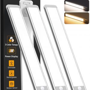 Under Cabinet Lighting Wireless, Rechargeable 10inch Motion Sensor Light Indoor, 3 Color Closet Light Battery Operated with LED Power Display, Magnetic Under Counter Lights for Kitchen, Home (3Pack)