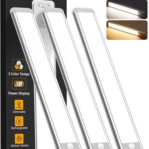 Under Cabinet Lighting Wireless, Rechargeable 10inch Motion Sensor Light Indoor, 3 Color Closet Light Battery Operated with LED Power Display, Magnetic Under Counter Lights for Kitchen, Home (3Pack)