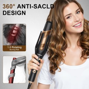 Automatic Curling Iron Beach Waves Curling Wand, Portable Hair Curler3 Temperatures Fast Heating, 2-Way Rotation, Anti-Scald, Anti-Tangle Rotating 30 Million Ionic Ceramic Coating (Black)