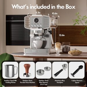 20-Bar Espresso Machine for Home Barista, Built-In Steam Wand for Latte & Cappuccino, Stainless Steel Professional Coffee Machine with Visible Pressure Guagem, Powder Press and Milk Frothing Pitcher