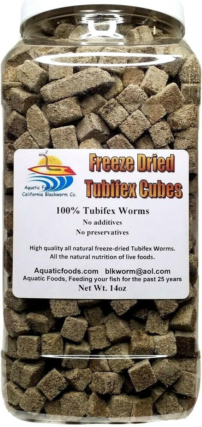 Aquatic Foods Inc. Cubitos de gusano Tubifex liofilizados. Gusanos 100% Tubifex para todos los peces tropicales, peces marinos, terrestres y tortugas acuáticas. Alimentos de pescado tropicales