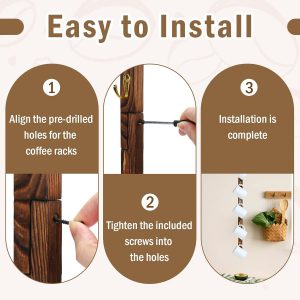 Paquete de 2 soportes de pared para tazas de café con 12 ganchos de madera quemada montado en la pared, soporte para tazas de café marrón, organizador de tazas de café, soporte para colgar tazas de café, soporte para colgar tazas de té, soporte de exhibición para bar
