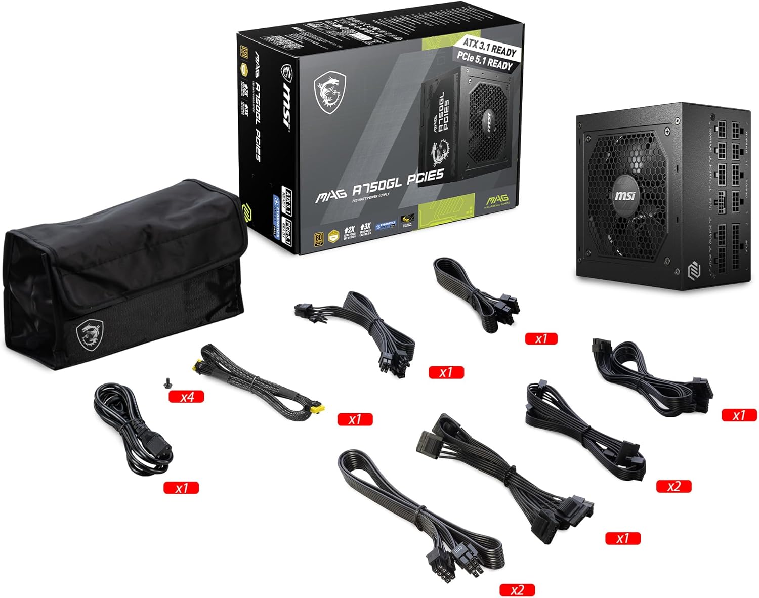 MSI MAG A750GL PCIE5, Fully Modular Compact Gaming 750W Power Supply, 80+ Gold, ATX 3.1 & PCIe 5.1 Ready, Native Dual-Color 12V-2x6 Cable, 10 Year Warranty