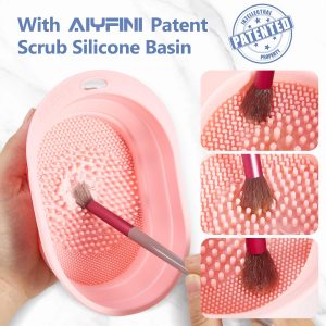 Alyfini Makeup Brush Cleaner Solution + Scrub Basin Combo, Removes Tough Stain on Make Up Brushes Set/Sponge/Puffs, Deep Clean Inner Bristles from Waterproof Foundation/Concealer, 10.2 Fl Oz/300 ml