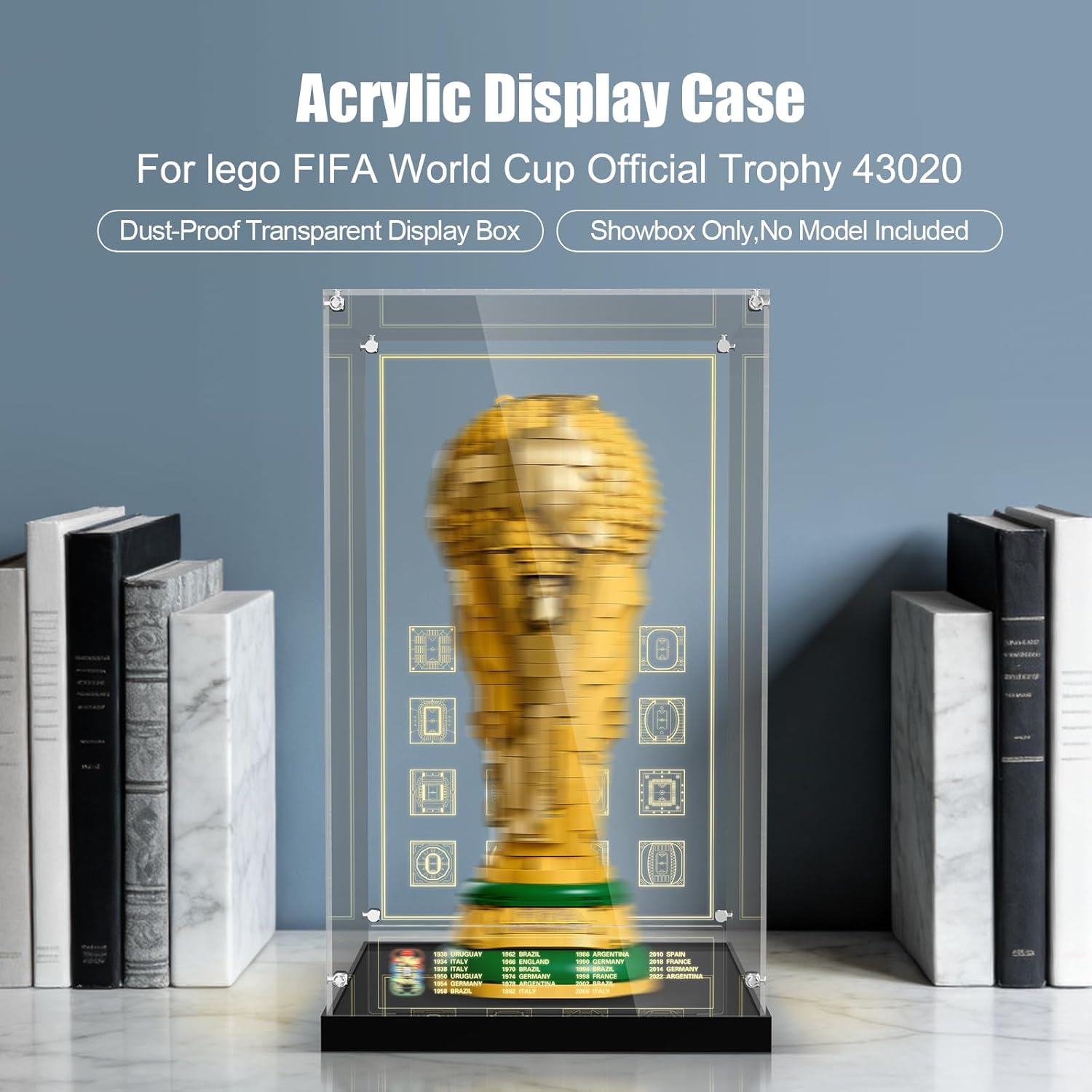 Vitrina acrílica para Lego 43020 FIFA World Cup Trophy Building Set, caja a prueba de polvo con iluminación LED y estructura de tornillo de metal (solo funda, modelo no incluido)