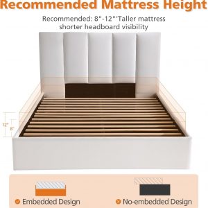 VELOCAVA Queen Size Lift-Up Hydraulic Storage Bed, White Linen-Look Upholstered Platform Bed with Vertical Channel Headboard, Wooden Slat Support, No Box Spring Needed