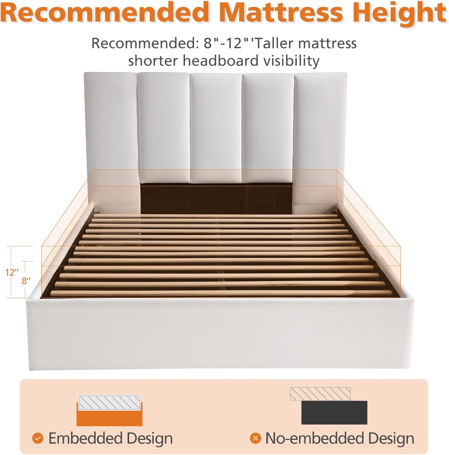 VELOCAVA Queen Size Lift-Up Hydraulic Storage Bed, White Linen-Look Upholstered Platform Bed with Vertical Channel Headboard, Wooden Slat Support, No Box Spring Needed