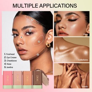 Barra de rubor de maquillaje multiusos, barra de rubor sólido teñido de belleza, contorno facial, barra hidratante impermeable, adecuada para todas las pieles (4# brillo playa)