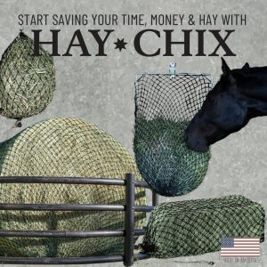 Hay Chix Red de heno para caballos | Alimentador de bolsas de heno de alimentación lenta | Nylon tratado UV de grado marino | Capacidad para 4-6 copos | Red de media paca | Agujeros de 1 3/4 pulgadas