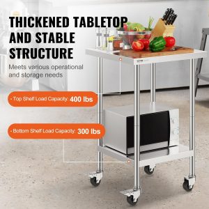 VEVOR Stainless Steel Work Table 24 x 24 x 38 Inch, 700 LBS Load Capacity with 4 Wheels, 3 Adjustable Height Levels, Heavy Duty Food Prep Worktable for Commercial Kitchen Restaurant, Silver