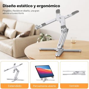 OMOTON LA10 - Soporte giratorio de 360° para computadora portátil, soporte ergonómico plegable para computadora, ángulos de altura ajustables para trabajo colaborativo, fácil almacenamiento, compatible con MacBooks, todas las computadoras portátiles de hasta 16 pulgadas, color plateado