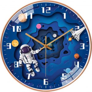 QINFIEY 12 Inch Silent Movement Kids Wall Clock, Non Ticking Children Round Wall Clock Battery Operated Space Travel Style Decor Children Clock for School Boys Bedroom Living Room Space Decor (Blue)
