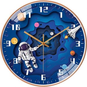 QINFIEY 12 Inch Silent Movement Kids Wall Clock, Non Ticking Children Round Wall Clock Battery Operated Space Travel Style Decor Children Clock for School Boys Bedroom Living Room Space Decor (Blue)