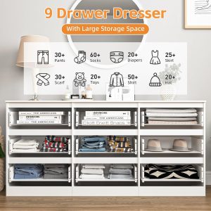 9 Drawers Dresser Storage Cabinet, 63'' Modern White Chest of Drawers, TV Console Stand Organizer with Slide Drawer Design for Bedroom, Living Room, Dining Room, Kitchen, Hallway, Entryway