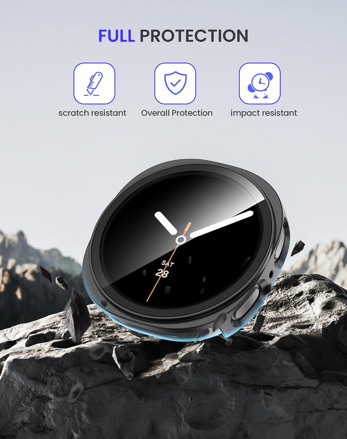 Goton Funda impermeable para Samsung Galaxy Watch 8 Protector de pantalla de 1.732 in con vidrio templado, 1 paquete de cubierta rígida de policarbonato para Galaxy Watch8, sin niebla, sensible al tacto