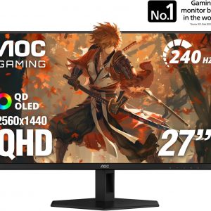 AOC Q27GAZD - Monitor de juegos QD OLED de 27", QHD 2560 x 1440, 240Hz 0.03ms, HDMI 2.0 x1, Display Port x1, compatible con G-Sync, listo para juegos de consola, 3 años sin punto brillante