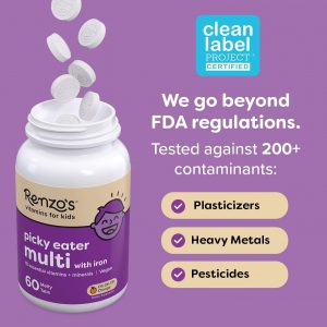 Renzo's Picky Eater Kids Multivitamin with Iron - Dissolvable Kids Vitamins with Iron, Zinc, Vitamin C, Vitamin D, E & K, Sugar-Free Melty Tabs, Orange Flavor, 60-Count (1-2 Month Supply)