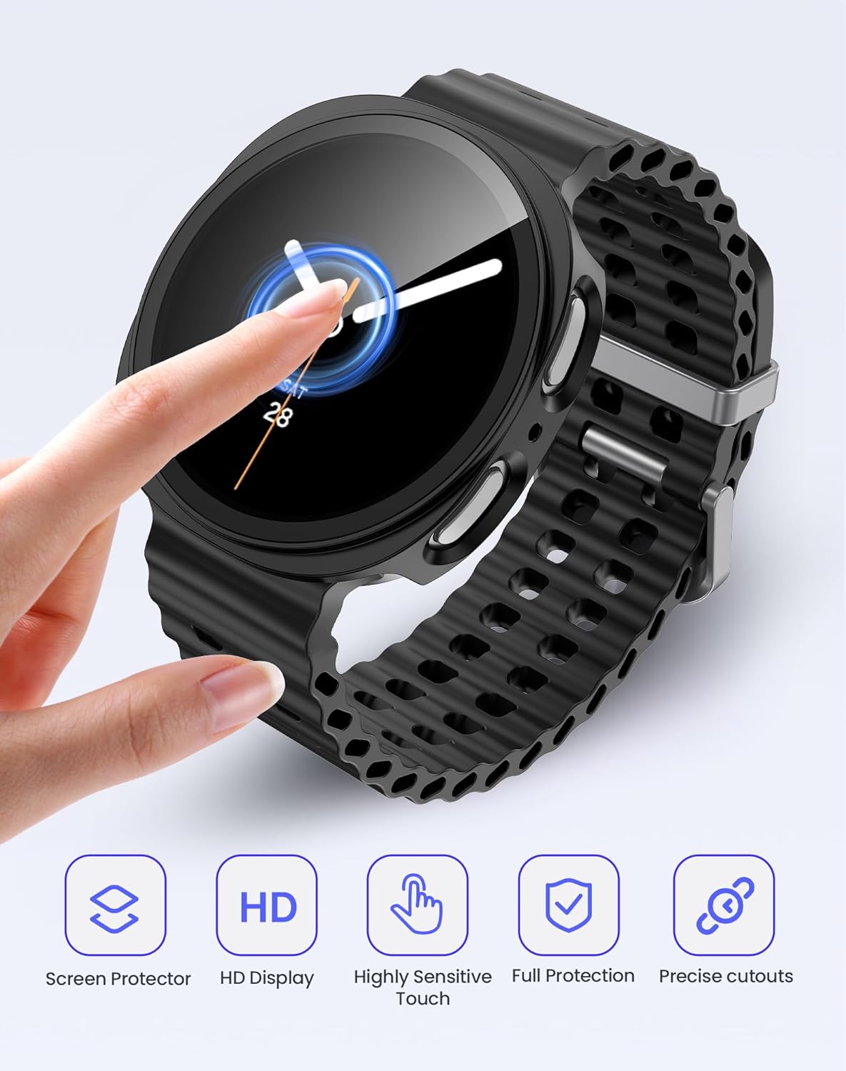 Goton Funda impermeable para Samsung Galaxy Watch 8 Protector de pantalla de 1.732 in con vidrio templado, 1 paquete de cubierta rígida de policarbonato para Galaxy Watch8, sin niebla, sensible al tacto