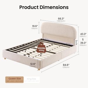 ModernMate Marco de cama de almacenamiento elevable, tamaño Queen, marco de cama tapizado con cabecera ajustable, tela de felpilla Oeko-TEX, cama de almacenamiento hidráulica, no necesita somier