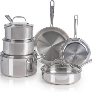 T-fal Pro Tri-Ply Stainless Steel Cookware Set, 10 Piece-Induction Compatible, Oven Safe 500F, Lids-350F, Even Heat, Professional Quality, Durable, Induction Pots and Pans Set, Silver
