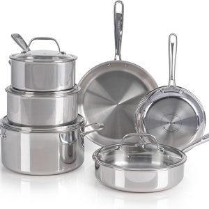 T-fal Pro Tri-Ply Stainless Steel Cookware Set, 10 Piece-Induction Compatible, Oven Safe 500F, Lids-350F, Even Heat, Professional Quality, Durable, Induction Pots and Pans Set, Silver