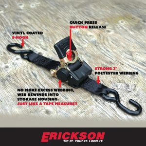 Erickson Pro Series 2in x 10ft Black Retractable Ratcheting Tie-Down Straps, High-Strength Design, 3300 lb Load Capacity, Pack of 2