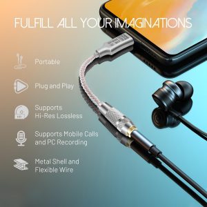 Hi-Res Lossless USB C to 3.5mm Audio Adapter Soundcard, 32bit/384Khz Audio Decoding Transceiver, Supports Wire Control, Microphone, Cellphone Headphone DAC for MacBook, Surface, Sony, and More