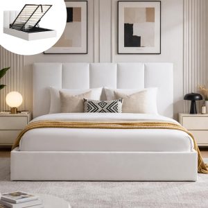 VELOCAVA Queen Size Lift-Up Hydraulic Storage Bed, White Linen-Look Upholstered Platform Bed with Vertical Channel Headboard, Wooden Slat Support, No Box Spring Needed