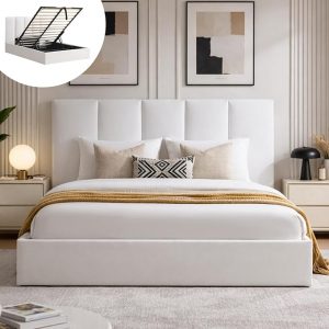 VELOCAVA Queen Size Lift-Up Hydraulic Storage Bed, White Linen-Look Upholstered Platform Bed with Vertical Channel Headboard, Wooden Slat Support, No Box Spring Needed