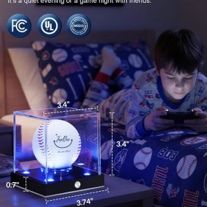 JupDec Cordless LED Baseball Display Case, Clear Acrylic Cube Baseball Holder with 10 Color Light Up, Autograph Ball Showcase Box with Memory Function, Ideal Gift for Sports Fans, Silvery, 1 Pack