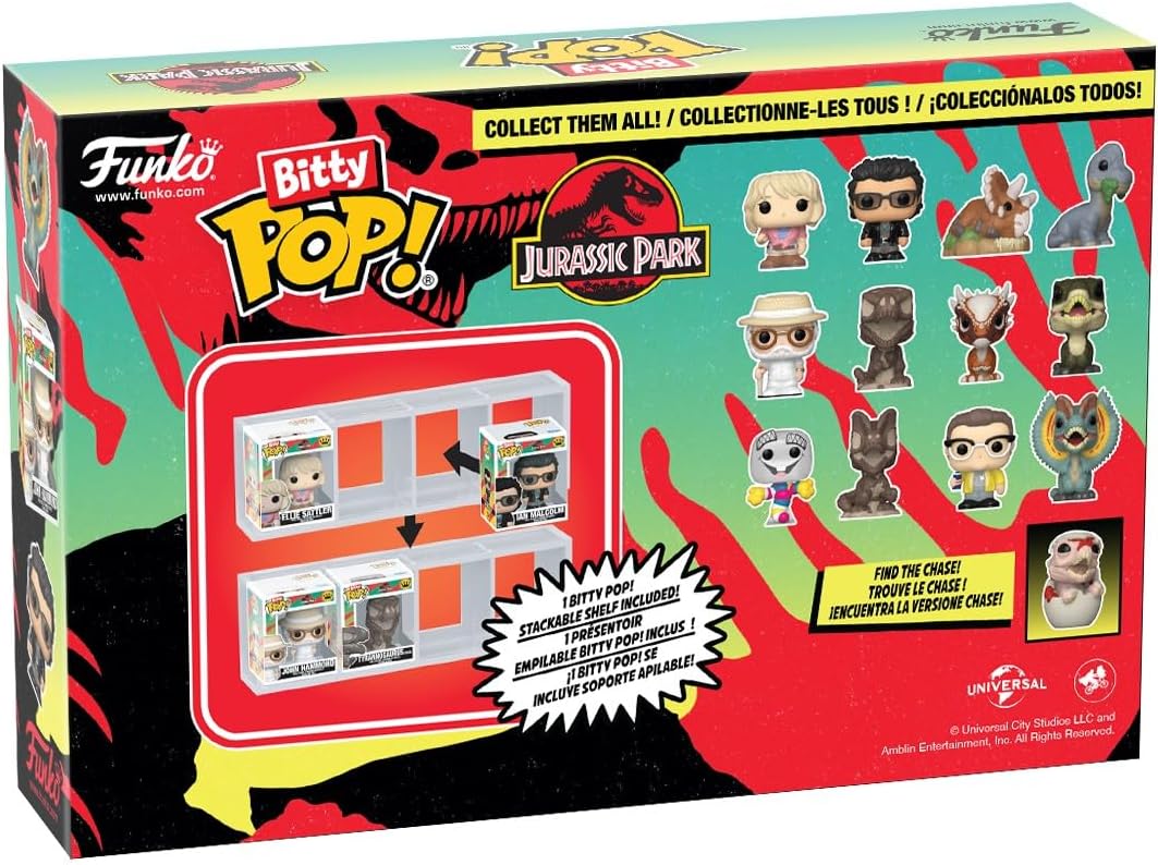 Funko Bitty Pop! Jurassic Park: Mr. DNA, Dilophosaurus Fossil, Dennis Nedry y Dilophosaurus, con una figura 1 en 6 de oportunidad para una sorpresa – 0.9 pulgadas (0.9 in) coleccionable – Idea de regalo – Decoración para pastel