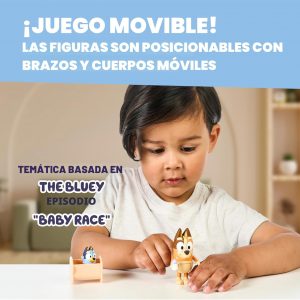 Paquete de 2 figuras articuladas de juguete de carreras de Bluey Baby, juguetes de personajes con Chilli y bebé en cuna accesorio, figuras de acción pequeñas para edades 3+