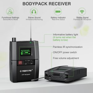 Phenyx Pro UHF Stereo Wireless in Ear Monitor System, Wireless IEM, 900MHz Band Selectable Frequency, Rack Mountable, 160 ft. Operation, Suitable for Stage, Studio, Exhibit, Lecture, Speech (PTM-10)