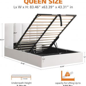 VELOCAVA Queen Size Lift-Up Hydraulic Storage Bed, White Linen-Look Upholstered Platform Bed with Vertical Channel Headboard, Wooden Slat Support, No Box Spring Needed