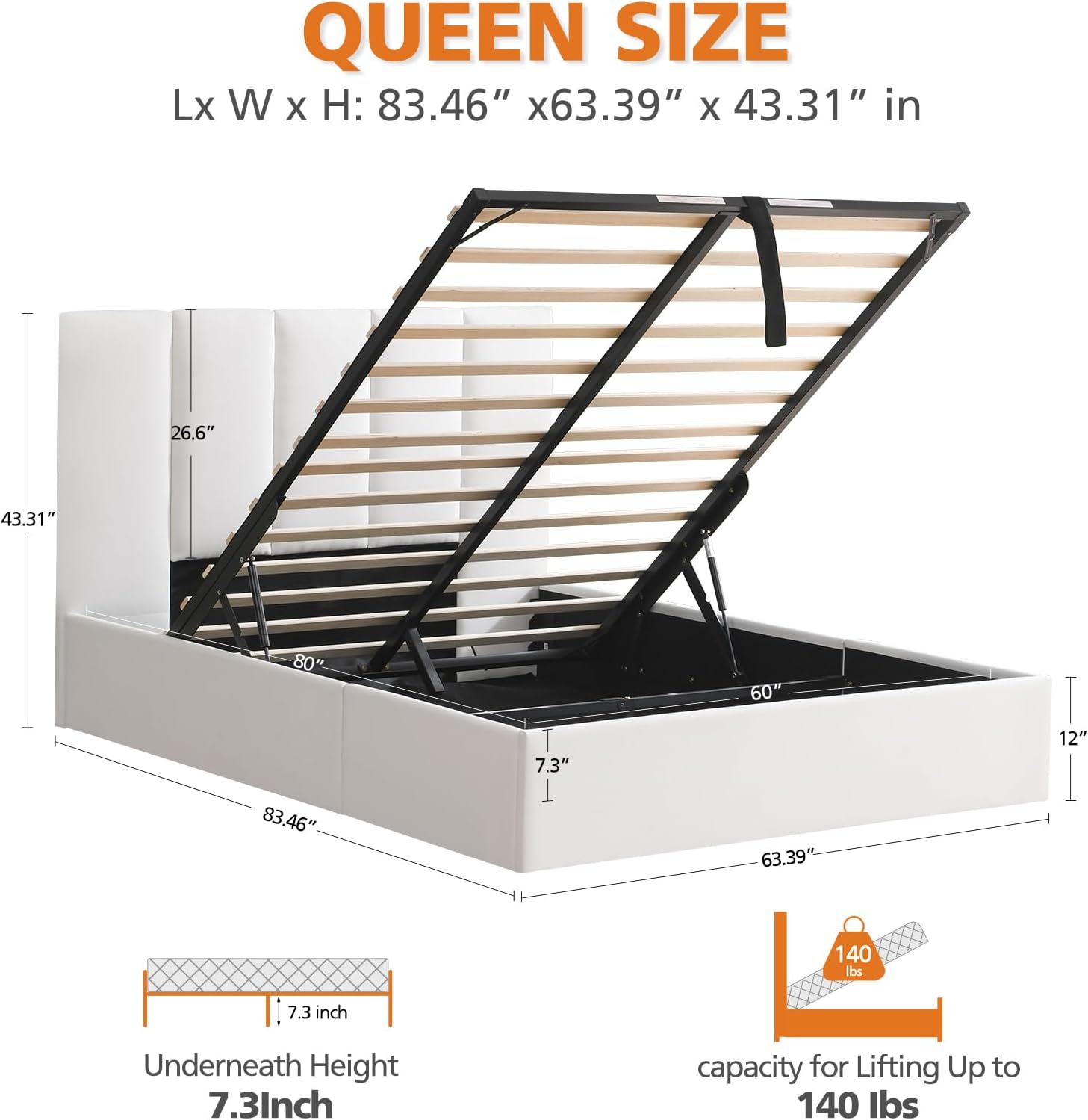 VELOCAVA Queen Size Lift-Up Hydraulic Storage Bed, White Linen-Look Upholstered Platform Bed with Vertical Channel Headboard, Wooden Slat Support, No Box Spring Needed