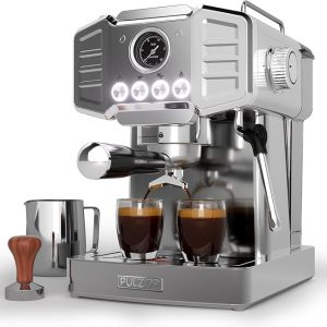 20-Bar Espresso Machine for Home Barista, Built-In Steam Wand for Latte & Cappuccino, Stainless Steel Professional Coffee Machine with Visible Pressure Guagem, Powder Press and Milk Frothing Pitcher