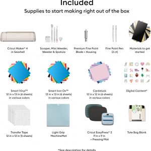 Cricut Maker 4 - Smart Cutting Machine (Seashell) | Engagement Plus Bundle - Includes EasyPress 3 Heat Press (9x9) + Mat, Tote Bag, Material Samplers, Machine Mat, Pens, Tools, & 30 Digital Images