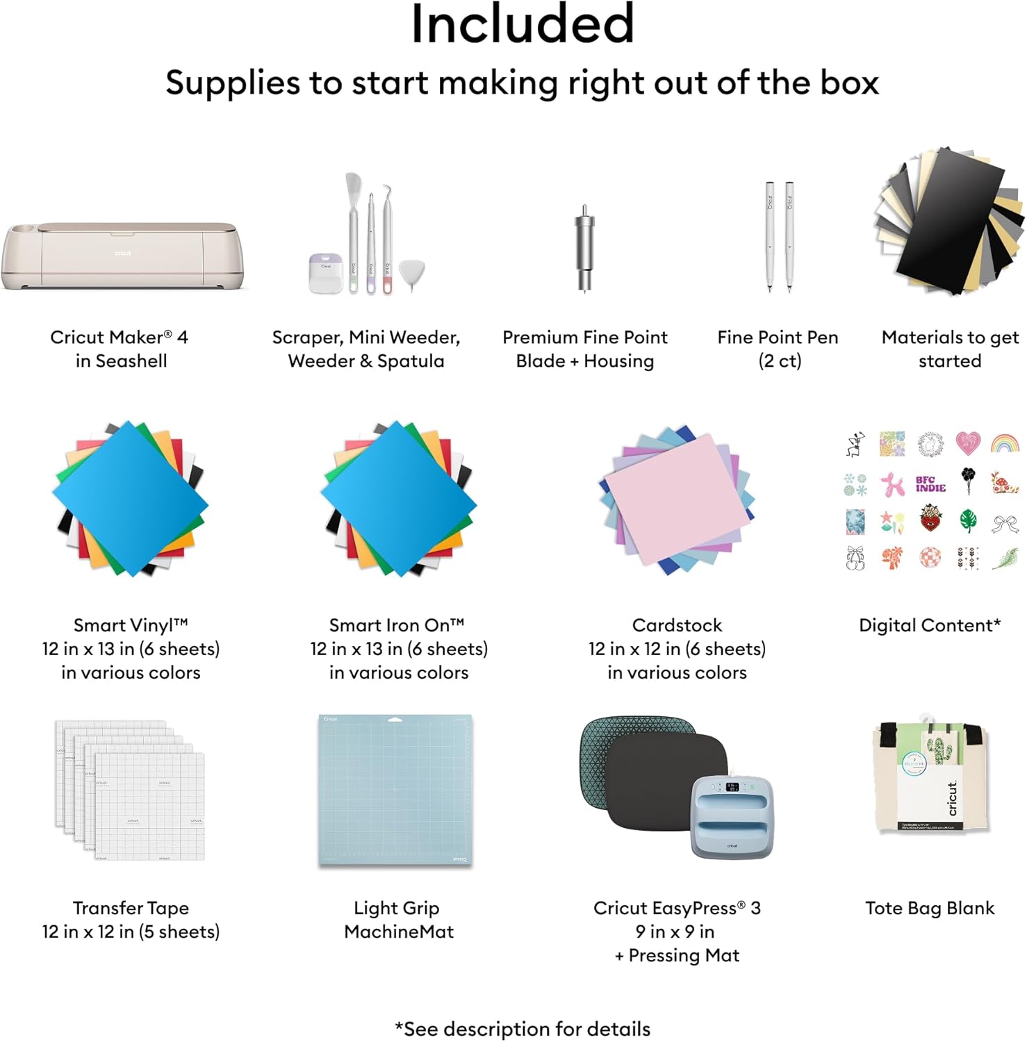 Cricut Maker 4 - Smart Cutting Machine (Seashell) | Engagement Plus Bundle - Includes EasyPress 3 Heat Press (9x9) + Mat, Tote Bag, Material Samplers, Machine Mat, Pens, Tools, & 30 Digital Images
