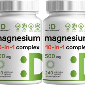 Complejo de magnesio de 500 mg, 480 cápsulas vegetarianas, paquete de 2, glicinato, citrato, malato, óxido y más 100% quelado para una fácil absorción, suplemento mineral esencial, sin OMG