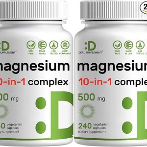 Complejo de magnesio de 500 mg, 480 cápsulas vegetarianas, paquete de 2, glicinato, citrato, malato, óxido y más 100% quelado para una fácil absorción, suplemento mineral esencial, sin OMG