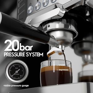 20-Bar Espresso Machine for Home Barista, Built-In Steam Wand for Latte & Cappuccino, Stainless Steel Professional Coffee Machine with Visible Pressure Guagem, Powder Press and Milk Frothing Pitcher