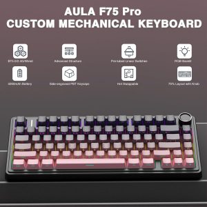 AULA F75 Pro Wireless Mechanical Keyboard,75% Hot Swappable Custom Keyboard,RGB Backlit,Pre-lubed Reaper Switches,Side Printed PBT Keycaps Mechanical Gaming Keyboards, Pink&Black