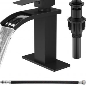 Grifo de baño en cascada de 1 agujero, grifo de baño de un solo agujero, grifo de lavabo de tocador de una sola manija con placa de cubierta, drenaje emergente y líneas de suministro, negro mate