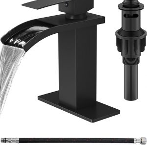 Grifo de baño en cascada de 1 agujero, grifo de baño de un solo agujero, grifo de lavabo de tocador de una sola manija con placa de cubierta, drenaje emergente y líneas de suministro, negro mate