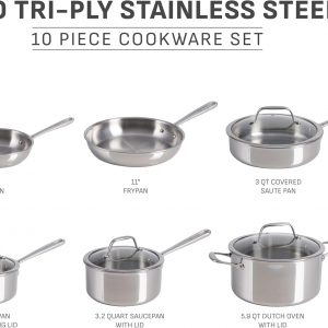 T-fal Pro Tri-Ply Stainless Steel Cookware Set, 10 Piece-Induction Compatible, Oven Safe 500F, Lids-350F, Even Heat, Professional Quality, Durable, Induction Pots and Pans Set, Silver